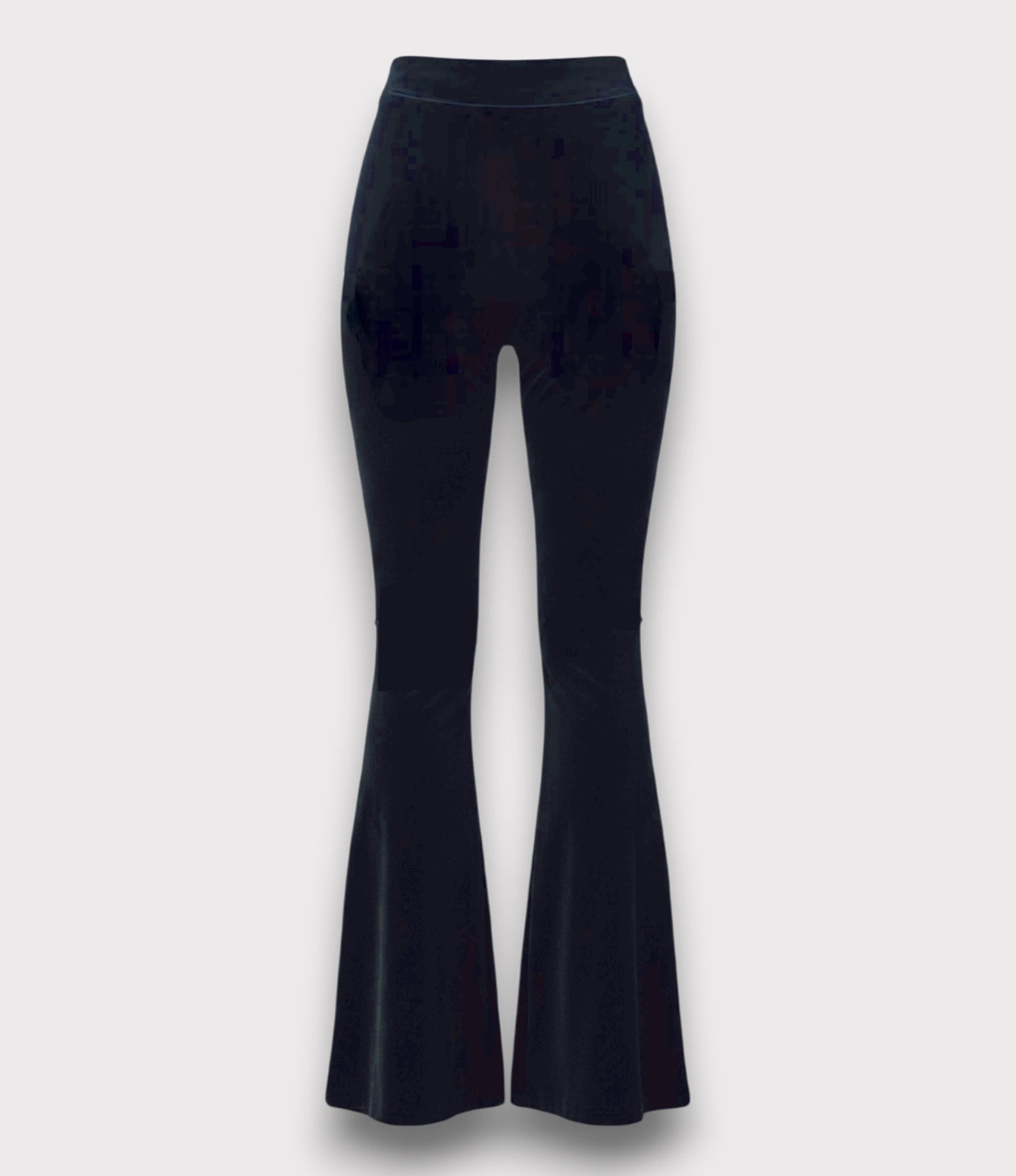 Black velvet bell bottom pants on a light gray background