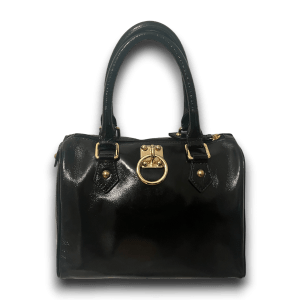 black glossy leather handbag with gold hardwear
